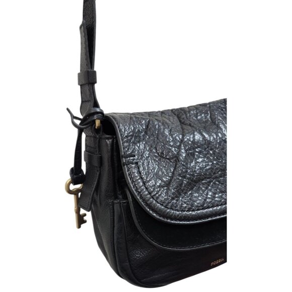 Fossil Peyton Double Flap Crossbody Small Black Leather Handbag - Picture 4 of 16